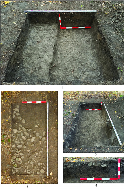 Fig. 2. Nemțișor – Pădurea Braniște: 1, sondajul 1; 2-4, structura de pietre și sondajul 2.