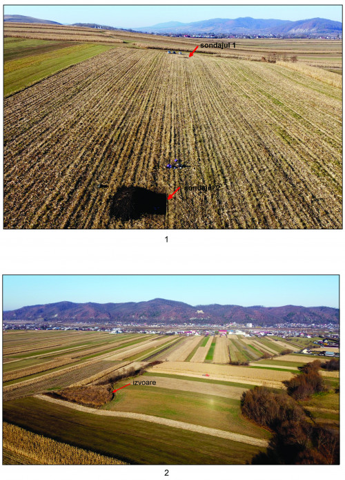 Fig. 1. Vânători-Neamț - La Izvoare: 1, amplasamentul celor două sondaje; 2, în plan apropiat se vede o parte din sit și localizarea izvoarelor. 