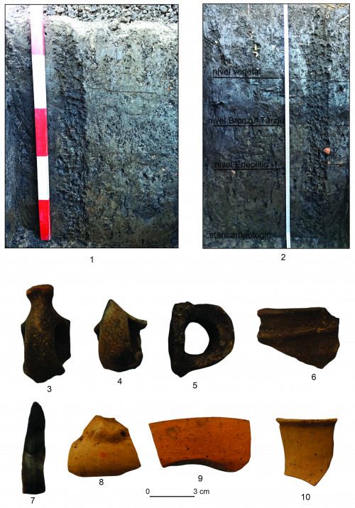 Fig. 3. Vânători-Neamț - La Izvoare: 1, 2, profile pedologice din cele două sondaje; 3-6, ceramică din epoca bronzului; 7-10, materiale eneolitice.