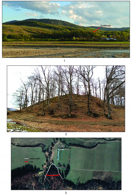 Fig. 1. Vânători-Neamț - Valea Rea: 1, 2, vedere asupra sitului dinspre nord; 3, ortofotoplanul sitului.

