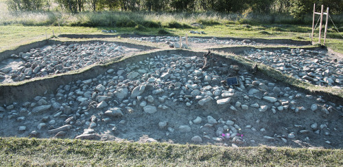 Fig. 1. Primul nivel al învelișului de bolovani al movilei, descoperit imediat sub stratul de humus recent – vedere generală.