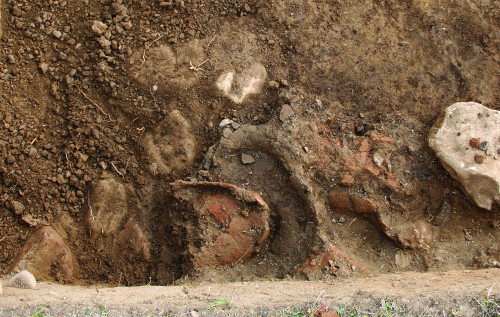 Fig. 4. Grupul de vase depuse la sud de mormântul central în cursul dezvelirii sale.