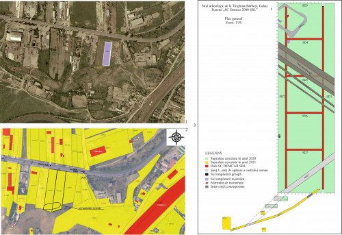 1. Imagine satelitară cu încadrarea în zonă a obiectivului investițional inițiat de SC DEMCAR 2000 SRL Galați. 2. Ortofotoplanul zonei. 3. Plan general al cercetării arheologice din anii 2020 și 2021.