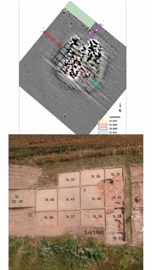 Planșa 1. Suprafețele și sondajele deschise în așezare ca parte a noului proiect de cercetare suprapuse peste scanarea geomagnetică a sitului (autor B. Ilie) (sus). Ortofotoplan din dronă, cu sectoarele deschise pentru cercetare în sit în anul 2021 (autor B. Ilie) (jos).