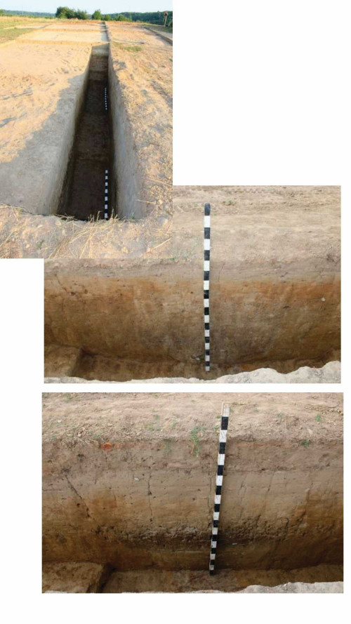 Planșa 3. Fotografii dinspre est spre vest, spre așezare, a S1/2021, unde au fost înregistrate cele două șanțuri de delimitare ale așezării și detalii cu primul, respectiv, al doilea șanț (foto A. Ilie).