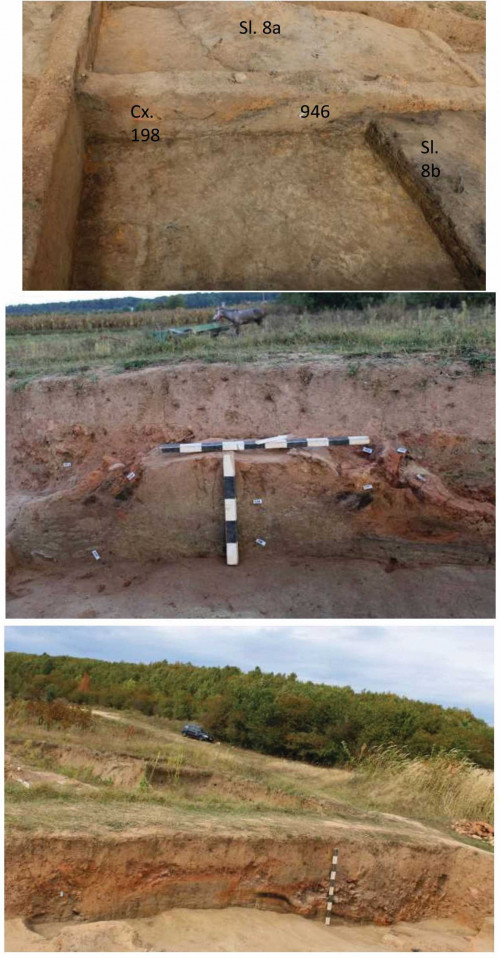 Planșa 4. Fotografia profilului de S pe axul K-L, st. 56, pe care se poate observa succesiunea locuințelor Sl. 8a și Sl. 8b (sus). Fotografie dinspre est, cu secțiunea prin Cx. 129, vatra din locuința 3 (mijloc). Fotografia dinspre est asupra profilului magistral, în zona unde este înregistrată locuința 3 (jos) (Foto A. Ilie).
