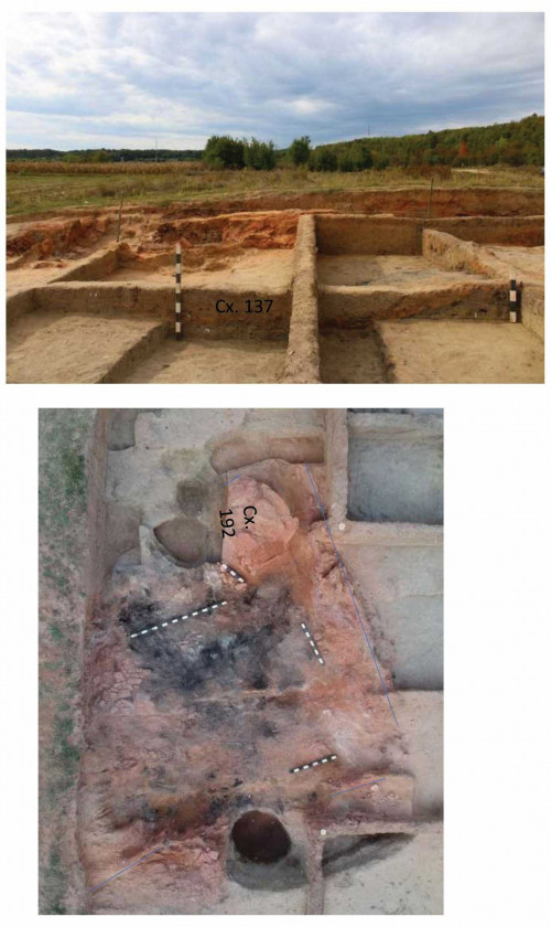 Planșa 5. Fotografia profilului de est al axului G-H, pe care se poate observa Cx. 137, cum taie distrugerea Sl. 8b (sus) (autor A. Ilie). Fotografie din dronă asupra locuirii de la parter a Sl. 7 (jos) (autor B. Ilie).