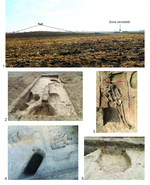 Planşa 1. Lipia – „Movila Drumul Oilor”. 1. Vedere dinspre NE asupra zonei cercetate; 2. Secţiunile 2 şi 3; 3. M.7 - mormânt medieval; 4. M.9 şi M.10 - morminte din epoca bronzului; 5. Groapa 3 - cultura Gumelniţa