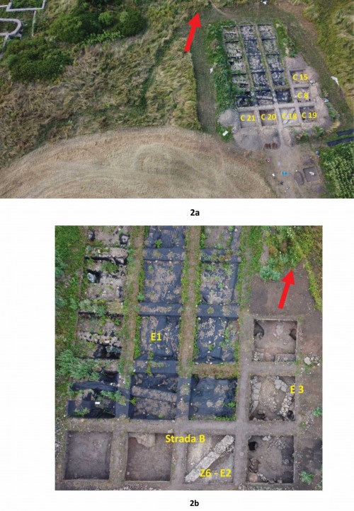Pl. 2 -  a) Micia, Sector NE Amfiteatru B, Campania 2021, imagine aeriană cu marcarea amplasamentului unităților de cercetare; b) Micia, Sector NE Amfiteatru, Campania 2021, imagine aeriană cu marcarea principalelor elemente cercetate.
