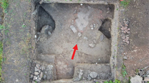 Pl. 3 - Micia, Sector NE Amfiteatru, Campania 2021, imagine de ansamblu cu C 15 (structuri anterioare Edificiului nr. 1, detaliu placă de cuptor)