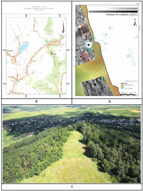 Fig. 1. Siliștea-Pe Cetățuie. a. Harta topografică a comunei Români, cu amplasarea sitului arheologic Siliștea-Pe Cetățuie (chenar negru); b. Amplasarea unității de cercetare din campania 2021 pe harta geomagnetică-chenar roșu; c. Vedere aeriană dinspre sud.