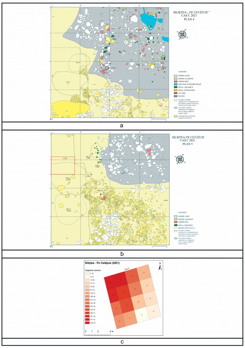 Fig. 2. Siliștea-Pe Cetățuie. Caseta C/2021. a. Planul nr. 4 al cercetării arheologice. Reprezentare grafică; b. Planul nr. 5 al cercetării arheologice. Reprezentare grafică; c. Reprezentarea statistă a distribuției spațiale a materialelor arheologice. 