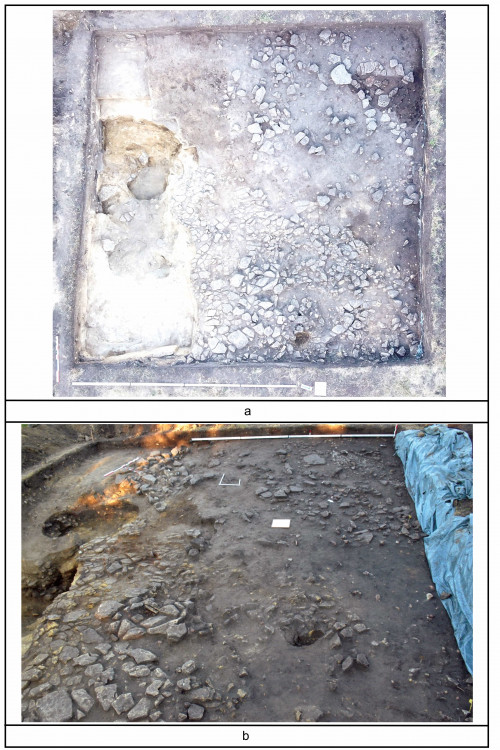 Fig. 4. Siliștea-Pe Cetățuie. Caseta C/2021. Locuința L1. a. L1-Plan general-vedere aeriană; b. Reprezentarea fotografică dinspre est a resturilor de locuire. 