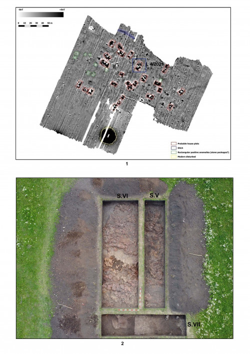Fig. 1. Topolița – La Nord-Vest de sat: 1, scanarea geofizică a sitului și amplasamentul locuinței cercetate în 2021; 2, imagine aeriană cu suprafețele  S.V-S.VII.