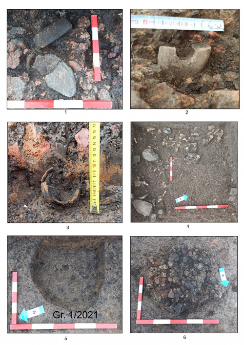 Fig. 3. Topolița – La Nord-Vest de sat: 1-3, artefacte in situ, 4, depunere arheologică în exteriorul locuinței; 5, Gr. 1/2021; 6, vatră