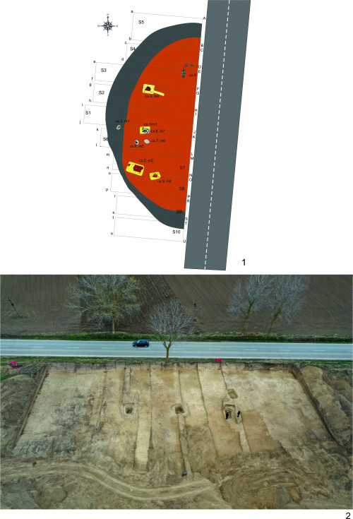 Fig. 1 Agighiol-Movila Tăiată. 1. Planul cercetărilor, 2. Fotografie aeriană.