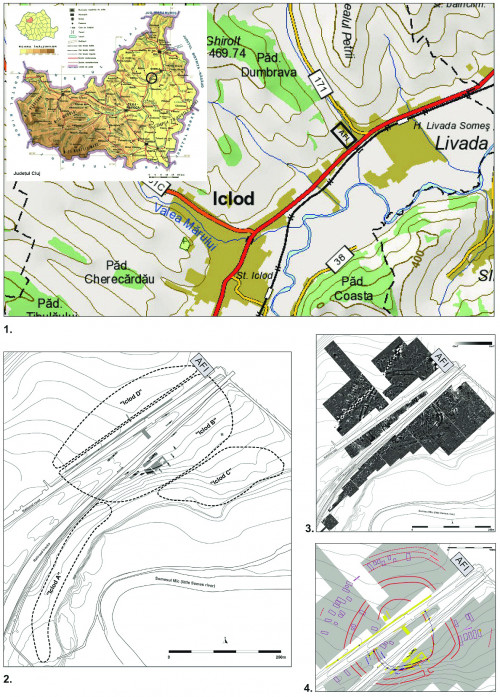 Pl. I. Iclod – AFI TRUCKS. Localizarea cercetării preventive (1) și situl de la Iclod - Pământul Vlădicii (2-4) (după Mischka 2012). 