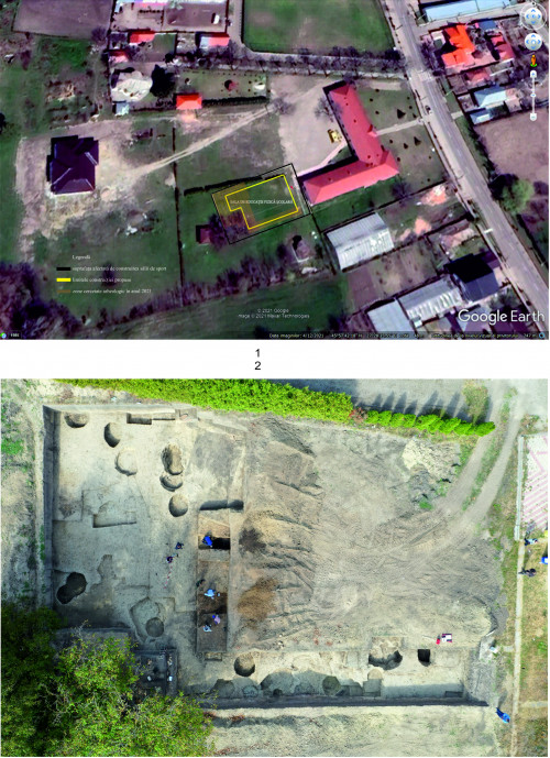 Planșa 1 - Negrilești, jud. Galați, 2021. 1. Imagine satelitară cu zona cercetată în anul 2021 pe amplasamentul viitoarei săli de sport; 2. Imagine din dronă a suprafeței SSP/2021.