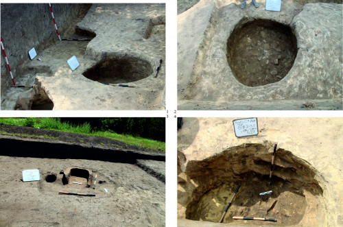 Planșa 3 - Negrilești, jud. Galați, 2021, suprafața SSP/2021: 1-2. Cx.36 complex de locuire din epoca bronzului; 3. Cx.11, cuptor casnic, secolul al IV- lea; 4. Cx.27, groapă menajeră, secolul al IV- lea.