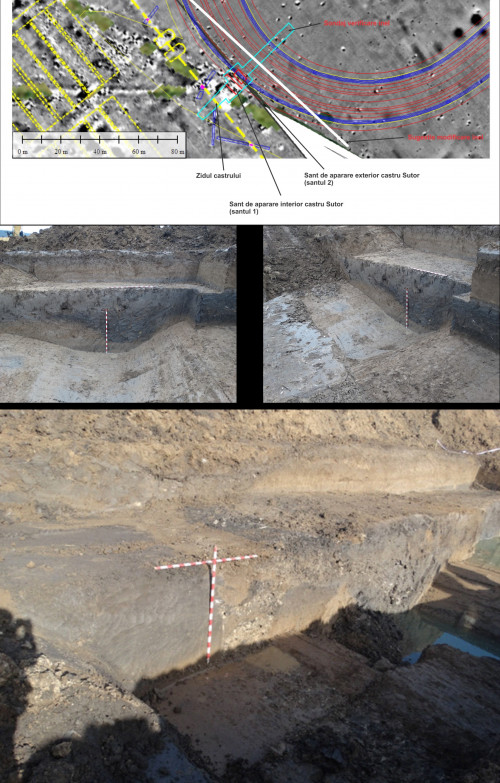 Pl. II. Planul și profilul sistemului de fortificație de pe latura de est a castrului de la Sutor. 