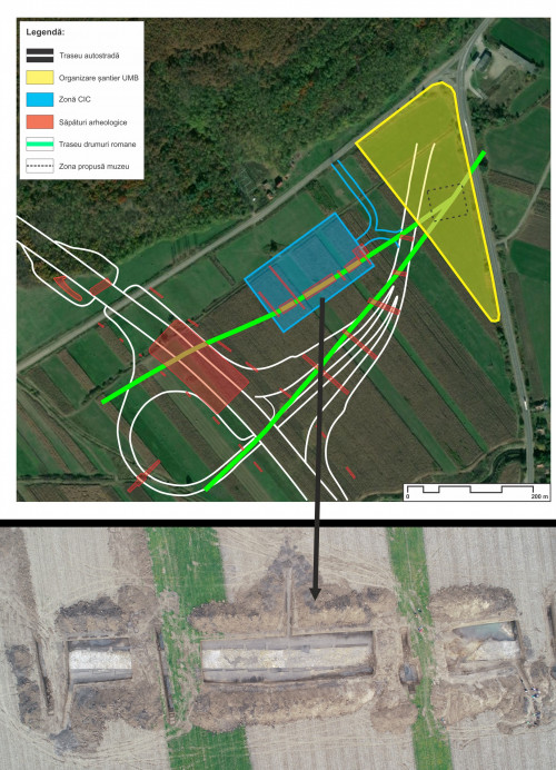 Pl. III. Planul topografic și imagini din dronă ale segmentelor  de drumuri romane.
