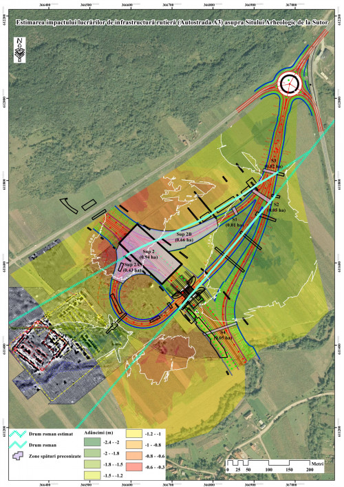 Pl. V. Estimarea impactului lucrărilor de infrastructură (Autostrada A3) asupra sitului de la Sutor pe baza analizei spațiale geo-statistice GIS. 