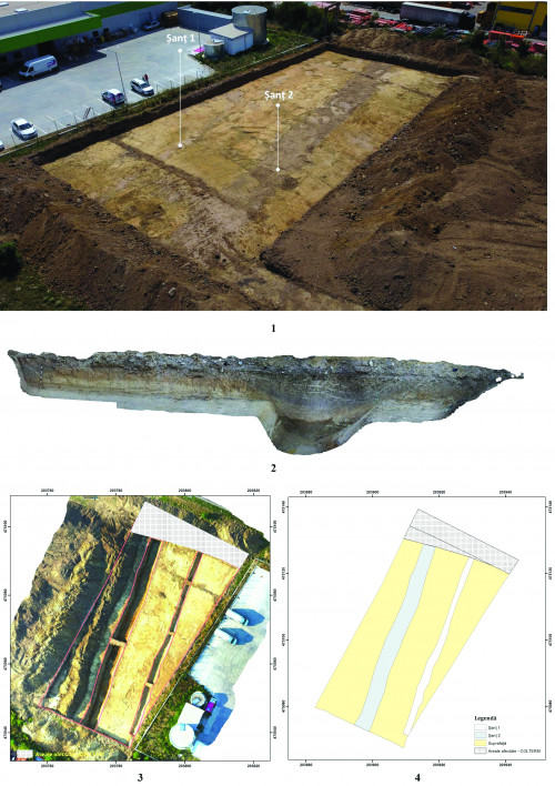 Pl.1 Imagine de ansamblu a suprafeţei cercetate cu marcarea complexelor arheologice (1); Fotogrammetrie a profilului sudic al suprafeţei cercetate (2); planul topografic al cercetării arheologice (4-5).