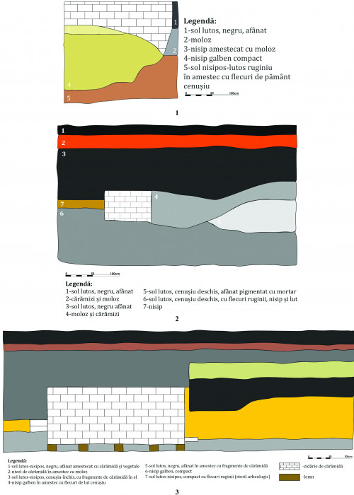 Pl.3 Situaţia stratigrafică păstrată în zona zidului boltit (1); situaţia stratigrafică surprinsă pe profilul sudic – D-E pe planul topografic (2); situaţia stratigrafică surprinsă pe profilul estic – E-F pe planul topografic (3).