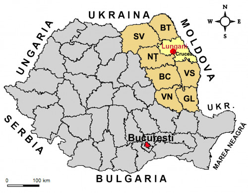 Fig. 1. Localizarea comunei Lungani și a satului Crucea în context național (suport cartografic  GADM (https://gadm.org/maps/ROU/iasi/lungani.html, accesat 28.12.2021, prelucrare grafică D. Boghian).