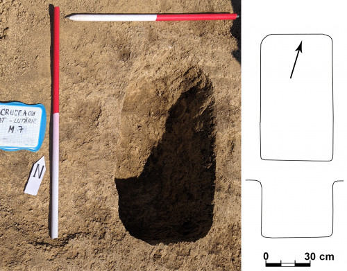 Fig. 11. Crucea-Lutărie/est de sat. Tumulul T1, mormântul cenotaf M7/2021 2021  (foto / photo S.-C. Enea; desen / drawing by S. Popovici).