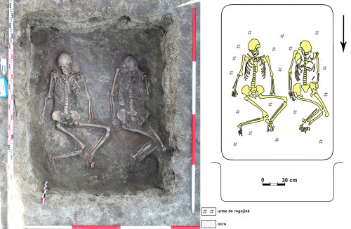 Fig. 13. Crucea-Lutărie/Est de sat. Tumulul T1, mormântul dublu M9/2021 2021 (foto R. Brunchi; desen S. Popovici).