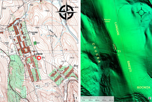 Fig. 2. 1-2. Crucea-Lutărie/Est de sat. Amplasarea tumulului T1/2021 de la Crucea-Lutărie/Est de sat (Suport cartografic Direcția Topografică Militară, Harta Topografică a României, Scara 1.25000, 1984-1985, filele L35031Ac, L35031Ad, L35031Ca, L35031Cb (https://portal.geomil.ro/portal/ home/webmap/viewer.html?webmap=f4ff7adb4477470ea525061079ec972d); Harta LIDAR, Administrația Bazinală de Apă Prut-Bârlad).