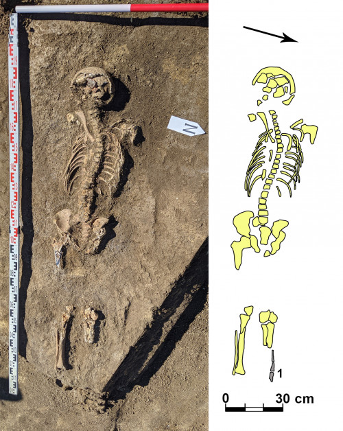 Fig. 5. Crucea-Lutărie/E de sat. Tumulul T1, mormântul M1/2021 (foto S.-C. Enea; desen S. Popovici).