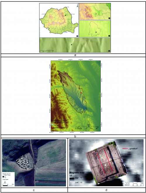 Fig. 1. Hoisești - La Curmătură 1. a. Amplasarea administrativ-teritorială a sitului de la Hoisești-La Curmătură 1, comuna Mărgineni, județul Neamț (a. amplasarea sitului pe teritoriul României; b. amplasarea sitului pe teritoriul județului Neamț; c. amplasarea sitului pe teritoriul comunei Mărgineni; d. detaliu); b. Amplasarea sitului în cadrul Depresiunii Cracău-Bistrița; c. Rezultatele scanărilor geomagnetice; d. Fotogrametria suprafeței cercetate (Foto: Andrei Asăndulesei, Ana Drob, Neculai Bolohan).