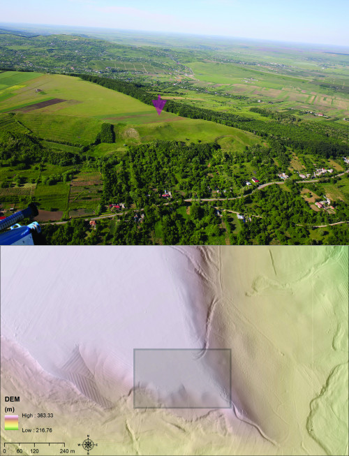 Fig. 2. Stroești, Pietrărie – Fotografie aeriană oblică dinspre sud (sus); modelul numeric al terenului derivat din datele LiDAR (jos).  