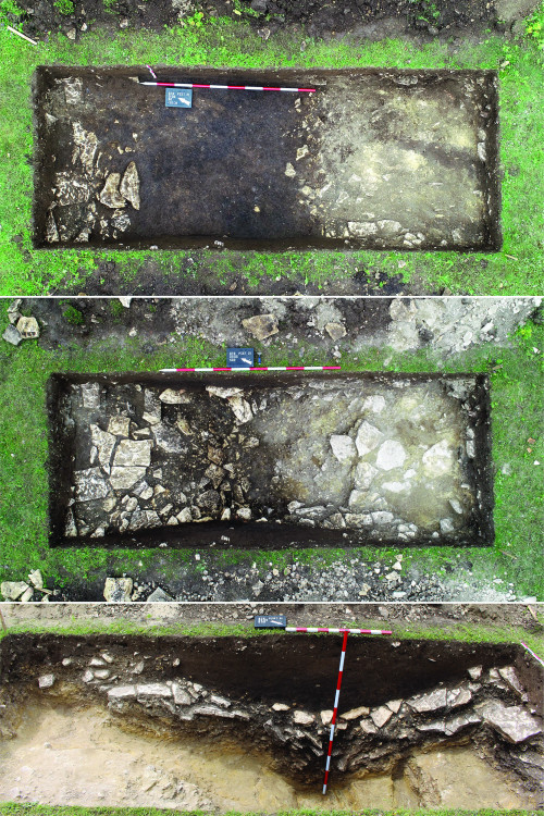 Fig. 4. Stroești, Pietrărie – S2, Aspecte din timpul săpăturilor: adâncime -0,5 m (sus), -0,9 m (mijloc), -1,9 m (jos).