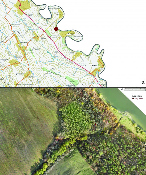 Fig. 1. a – Localizarea sitului de la Cotu Miculinţi – Gârla Mare; b – Localizarea T1/2022
