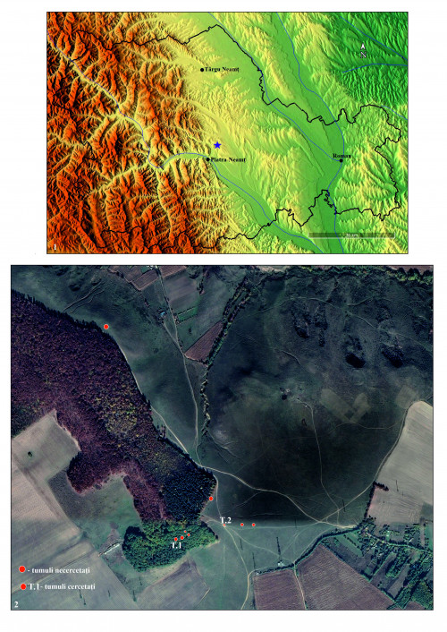 Fig. 1. Gârcina - Dealul Balaurul: 1, amplasamentul grupului tumular; 2, dispunerea tumulilor cu marcarea celor cercetați.