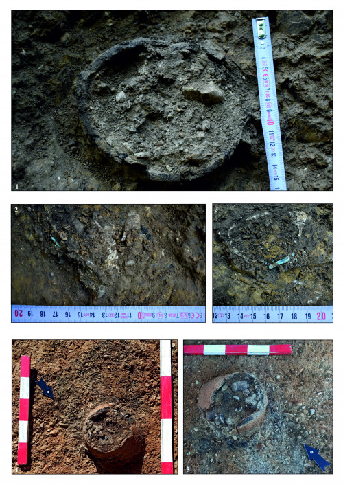 Fig. 4. Gârcina - Dealul Balaurul: 1, vas in situ, din T.1; 2, oase calcinate din T.1; 3, piesă de bronz in situ, din T.1; 4, 5, urnă funerară in situ, din T.2.