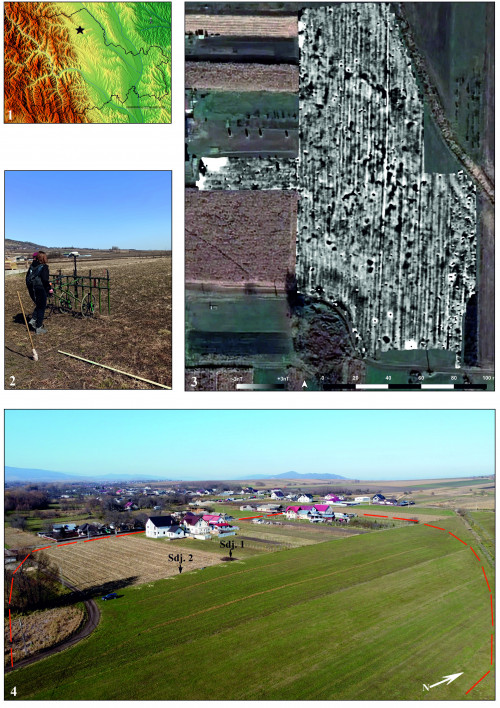 Fig. 1. Situl de la Topolița – La izvor: 1, amplasamentul sitului; 2, imagini din timpul investigațiilor neinvazive; 3, scanarea geofizică; 4, imagine aeriană asupra sitului (3, după C. Mischka, 2022; 4, foto - I. Stigleț).