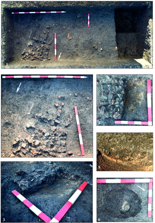 Fig. 2. Situl de la Topolița – La Izvor: 1, sondajul 1; 2-5, resturile cuptorului din piatră; 6, groapa nr. 1.