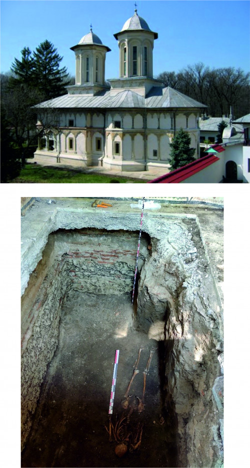 Fig. 1. Mânăstirea Sitaru înainte de începerea restaurării - sus; Fundația pridvorului și mormântul din secțiunea de pe partea de nord - jos. 