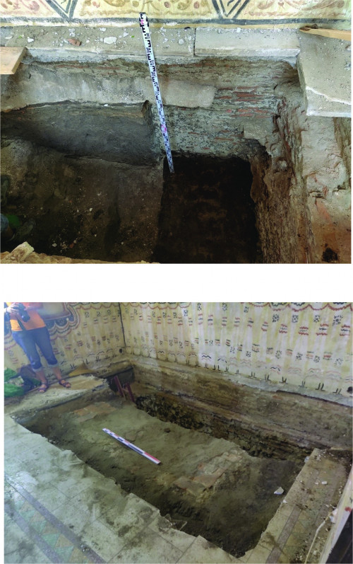 Fig.  2. Fundația pridvorului în secțiunea de pe partea de S, profil est - sus; Cripta din partea de sud a pronaosului la cota de surprindere - jos.