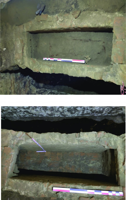 Fig. 3. Mormântul principal din cripta rectangulară - sus; Cripta  după golire - jos.