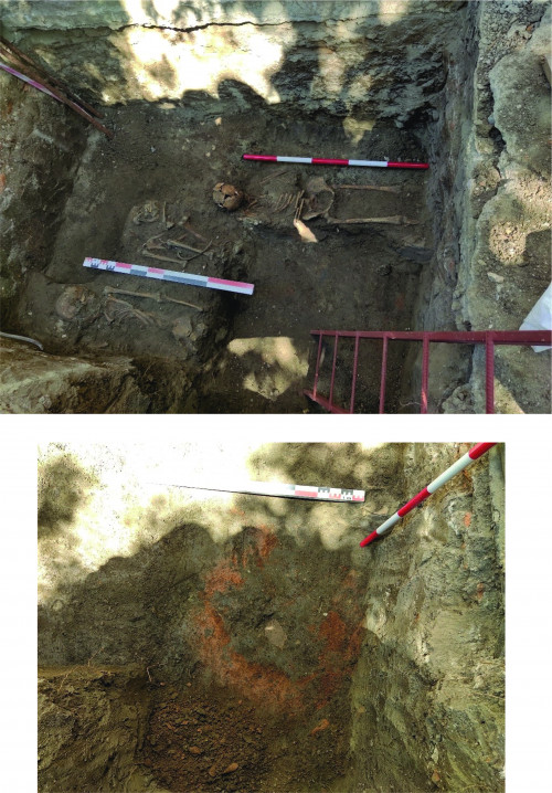 Fig. 5. Mormintele din exteriorul bisericii, pe partea de sud - sus; Cuptorul medieval suprapus de mormintele de mai sus - jos.