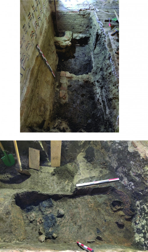 <br>Fig. 4. Structura din colțul de NV al pronaosului, resturile unei foste podele a bisericii din pronaos și urme de par, de la montarea unor schele la restaurări anterioare - sus; <br> Complexul medieval timpuriu din partea de sud a pronaosului - jos.