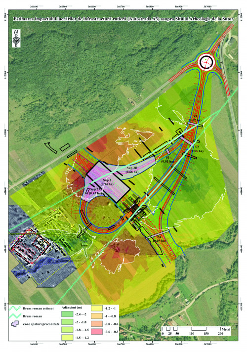 Pl. I. Modelul de predicție GIS suprapus de planul autostrăzii și planificarea cercetărilor arheologice.