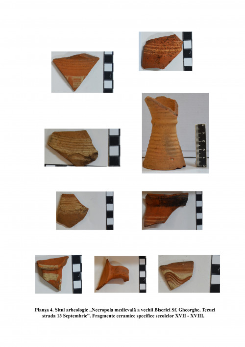 Pl. IV. Situl arheologic „Necropola medievală a vechii Biserici Sf. Gheorghe, Tecuci – strada 13 Septembrie”. Fragmente ceramice specifice secolelor XVII-XVIII.