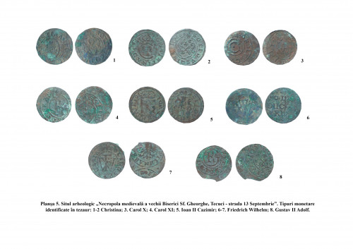 Pl. V. Situl arheologic „Necropola medievală a vechii Biserici Sf. Gheorghe, Tecuci – strada 13 Septembrie”. Tipuri monetare identificate în tezaur: 1-2. Christina; 3. Carol X; 4. Carol XI; 5. Ioan II Cazimir; 6-7. Friedrich Wilhelm; 8. Gustav II Adolf.