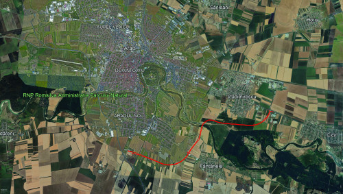 Fig. 1. Imagine satelitară cu indicarea traseului variantei ocolitoare (cu roșu).